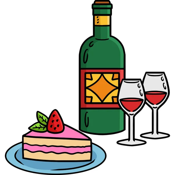 この漫画のクリップは ウェディングケーキとワインのイラストを示しています — ストックベクタ