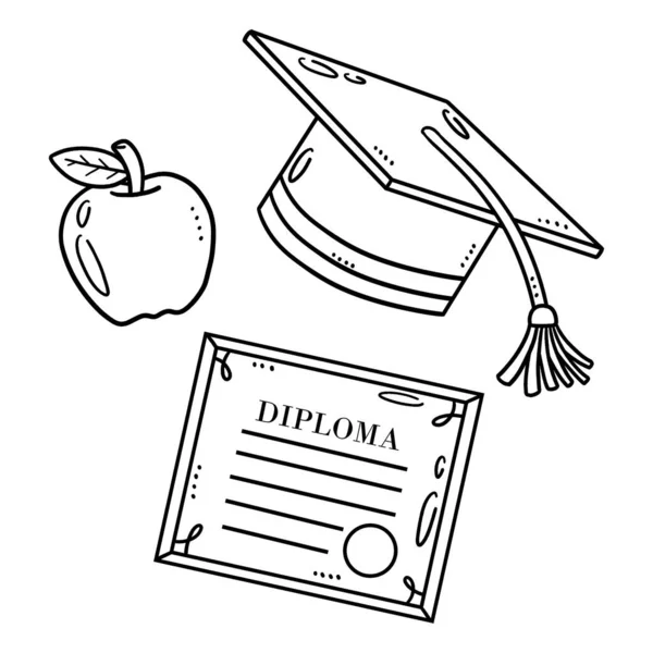 Cute Funny Coloring Page Graduation Cap Diploma Apple Provides Hours — Stock Vector