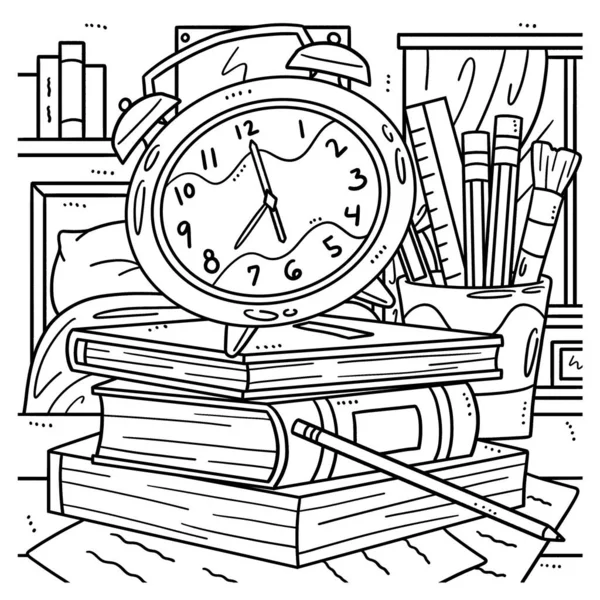 Cute Funny Coloring Page Alarm Clock Books Provides Hours Coloring — Stock Vector