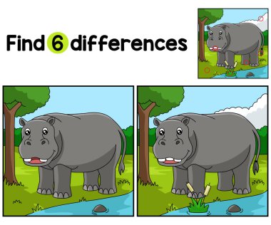 Hippo Hayvan Çocukları aktivite sayfasındaki farklılıkları bul ya da tespit et. Çocuklar için eğlenceli ve eğitici bir bulmaca eşleştirme oyunu.