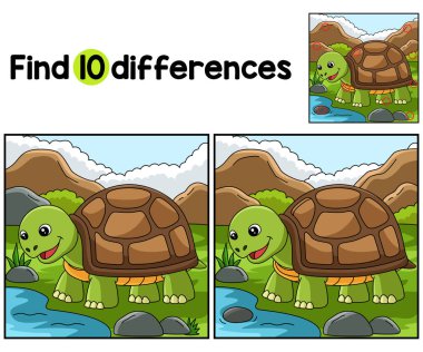 Kaplumbağa Hayvan Çocukları aktivite sayfasındaki farklılıkları bul ya da bul. Çocuklar için eğlenceli ve eğitici bir bulmaca eşleştirme oyunu.