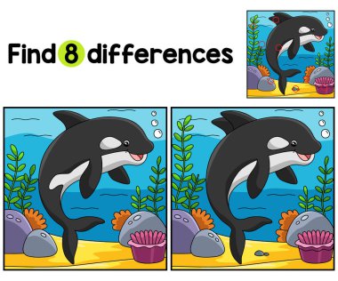 Katil Balina Çocuk Faaliyetleri sayfasındaki farklılıkları bul ya da bul. Çocuklar için eğlenceli ve eğitici bir bulmaca eşleştirme oyunu.
