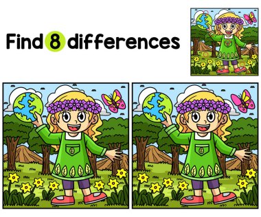 Bu Ormandaki Dünya Günü Kızları aktivite sayfasındaki farklılıkları bul ya da tespit et. Çocuklar için eğlenceli ve eğitici bir bulmaca eşleştirme oyunu. 