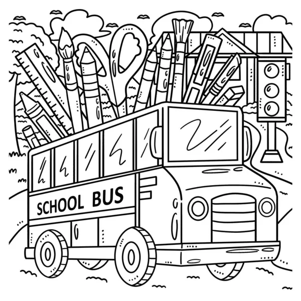Una Página Para Colorear Lindo Divertido Autobús Escolar Con Materiales — Vector de stock