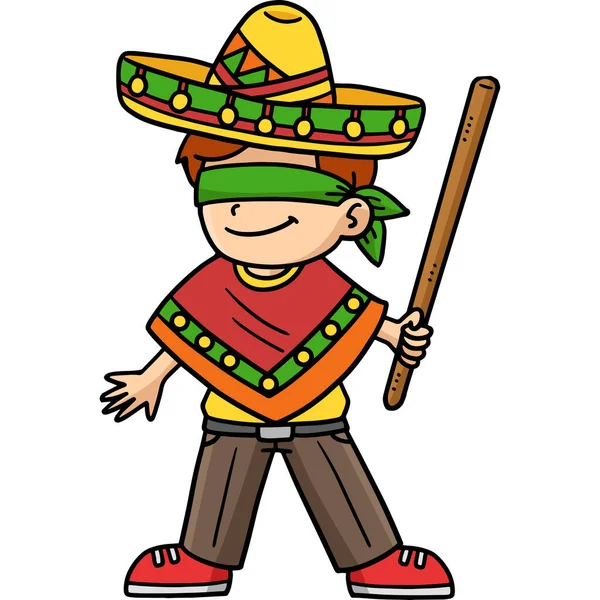 Denna Tecknade Clipart Visar Cinco Mayo Blindfold Mexikanska Pojke Illustration — Stock vektor