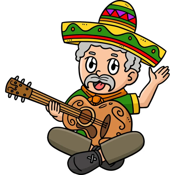 Cartoon Clipart Shows Cinco Mayo Mexican Man Playing Guitar Illustration — 스톡 벡터