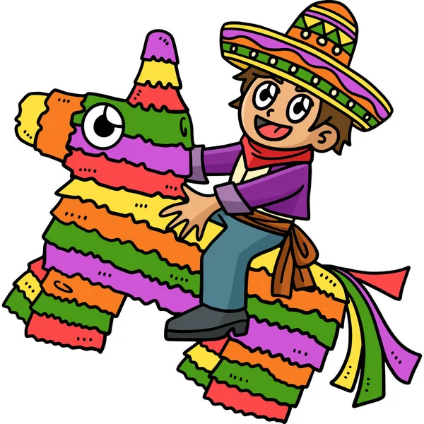 Denna Tecknade Clipart Visar Cinco Mayo Child Riding Pinata Illustration — Stock vektor