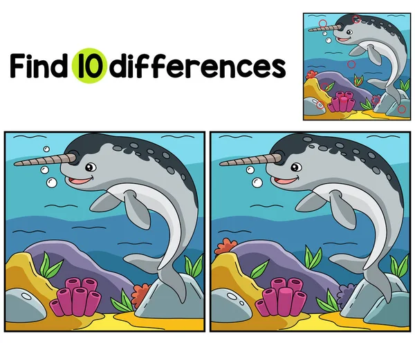 stock vector Find or spot the differences on this Narwhal kids activity page. A funny and educational puzzle-matching game for children.