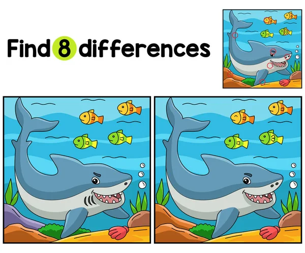 Büyük Beyaz Köpekbalığı Hayvanları Aktivite Sayfasındaki Farklılıkları Bul Tespit Çocuklar — Stok Vektör