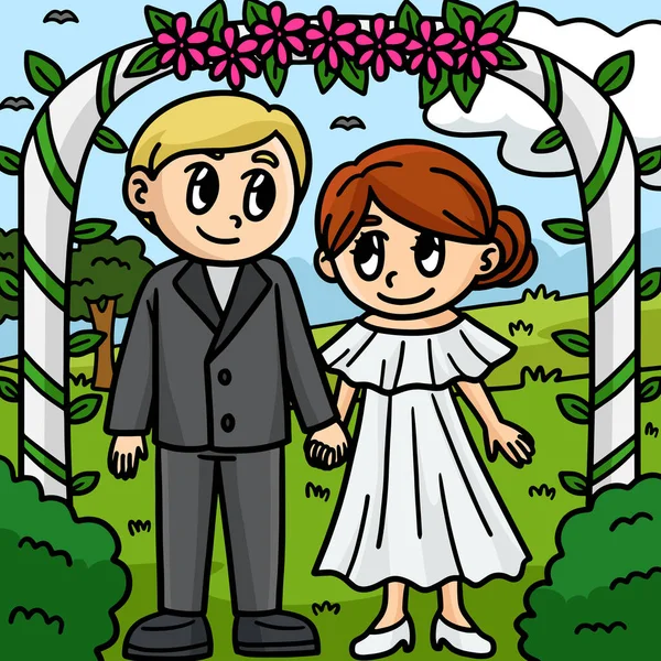 Questa Clipart Cartone Animato Mostra Matrimonio Sposo Sposa Illustrazione — Vettoriale Stock