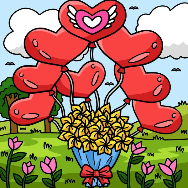 这个卡通片部分展示了一个带有气球心形图案的婚礼花束 — 图库矢量图片