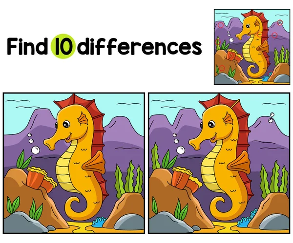 stock vector Find or spot the differences on this Sea Horse Animal kids activity page. A funny and educational puzzle-matching game for children.