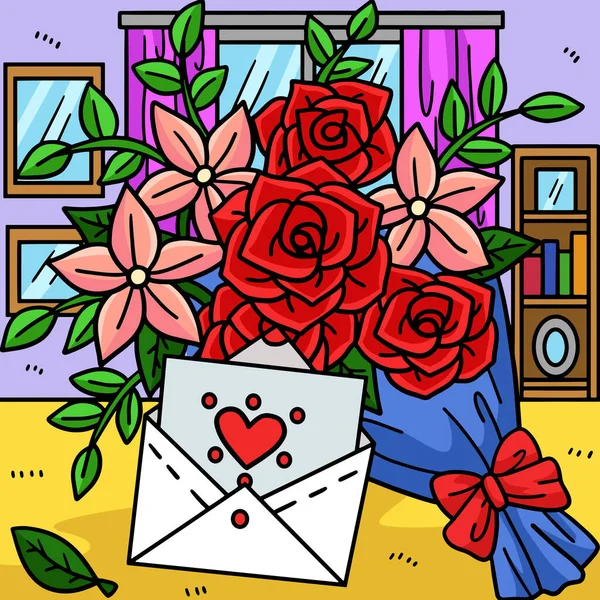 Dieses Cartoon Cliparts Zeigt Eine Hochzeit Blumenstrauß Und Einladung Illustration — Stockvektor