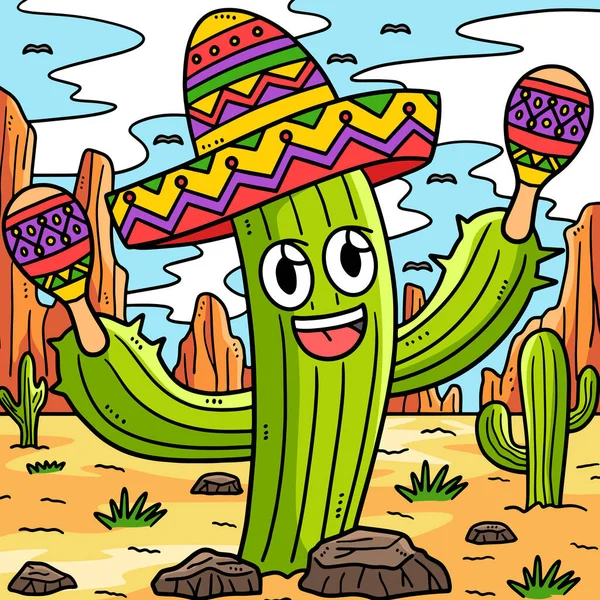 만화의 장면은 솜브레로와 마라카스의 삽화가 그려진 Mayo Cactus 보여준다 — 스톡 벡터