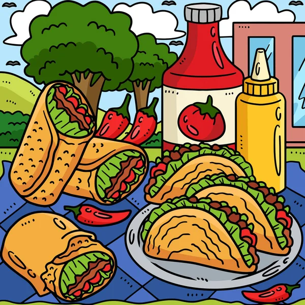 Мультфильм Показывает Cinco Mayo Tacos Буррито Иллюстрации — стоковый вектор