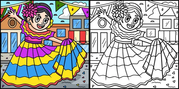 stock vector This coloring page shows a Cinco de Mayo Girl Dancing. One side of this illustration is colored and serves as an inspiration for children.