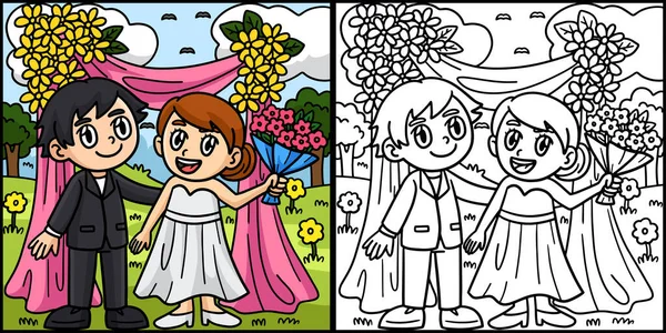 Coloring Page Shows Wedding Groom Bride One Side Illustration Colored — Stock Vector