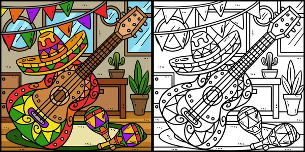 Coloring Page Shows Cinco Mayo Guitar Maracas One Side Illustration — Stock Vector