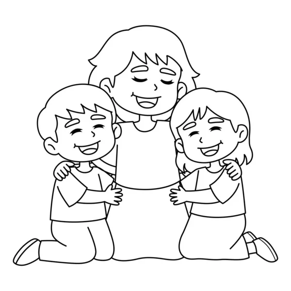 Cute Funny Coloring Page Mother Hugging Children Provides Hours Coloring — Stock Vector