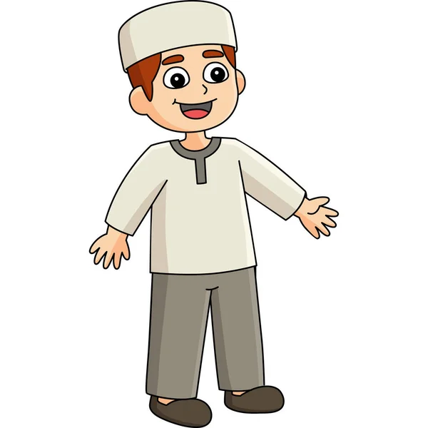 Cartoon Clipart Shows Muslim Boy Front Mosque Illustration — Stock Vector