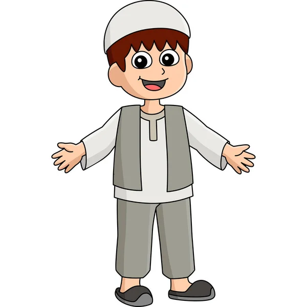 Clipart Bande Dessinée Montre Une Illustration Happy Muslim Boy — Image vectorielle