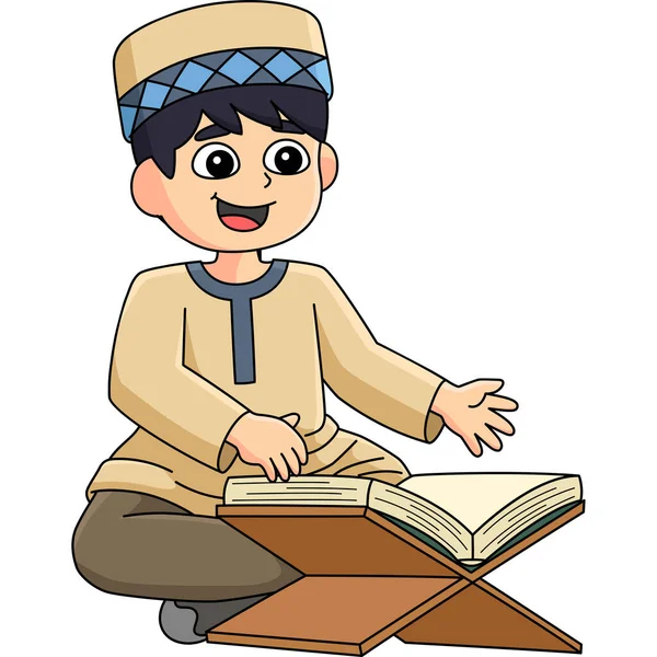 Dieser Cartoon Clip Zeigt Einen Muslimischen Jungen Der Den Koran — Stockvektor