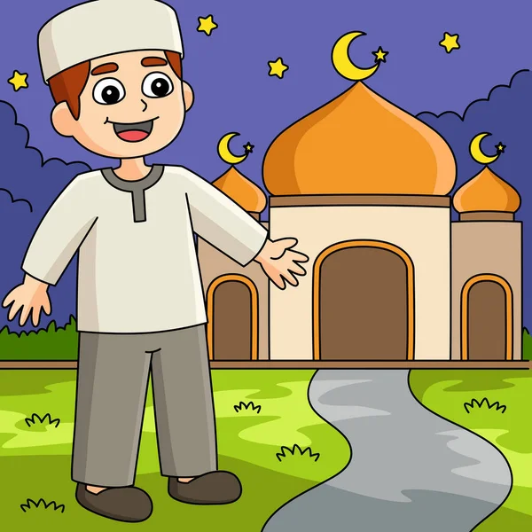 Cartoon Clipart Shows Ramadan Muslim Boy Front Mosque Illustration — Stock Vector