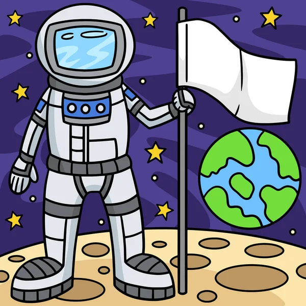 Denne Tegnefilmklippen Viser Astronaut Som Holder Flaggillustrasjon – stockvektor