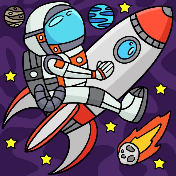 Denne Tegnefilmklippen Viser Astronaut Som Kjører Rocket Ship Illustrasjon – stockvektor