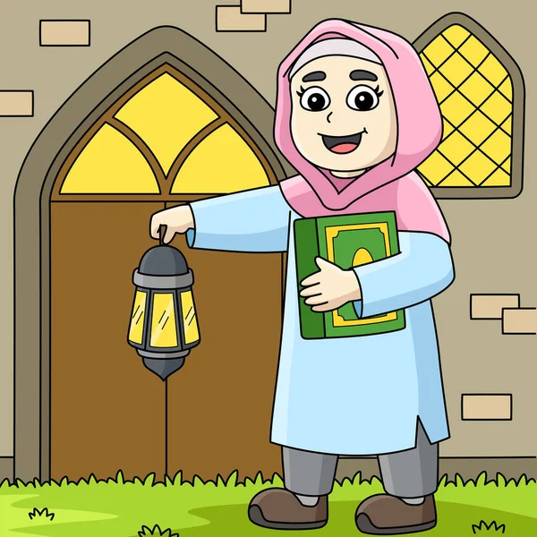 Cartoon Clipart Shows Ramadan Muslim Girl Quran Illustration — Stock Vector