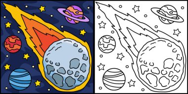 Bu renkli sayfa Düşen Asteroit 'i gösteriyor. Bu illüstrasyonun bir tarafı renkli ve çocuklar için bir ilham kaynağı..