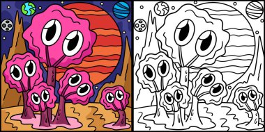 Bu renkli sayfa uzaydaki bir uzaylıyı gösteriyor. Bu illüstrasyonun bir tarafı renkli ve çocuklar için bir ilham kaynağı..