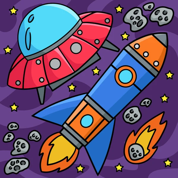 Cartoon Clipart Shows Ufo Rocket Ship Space Illustration — Stock Vector