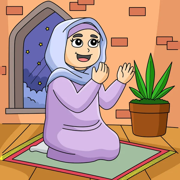 Cartoon Clipart Shows Ramadan Muslim Girl Praying Illustration — Stock Vector