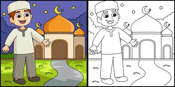 Coloring Page Shows Ramadan Muslim Boy Front Mosque One Side — Stock Vector