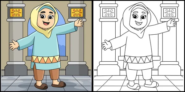 stock vector This coloring page shows a Ramadan Muslim Girl. One side of this illustration is colored and serves as an inspiration for children.
