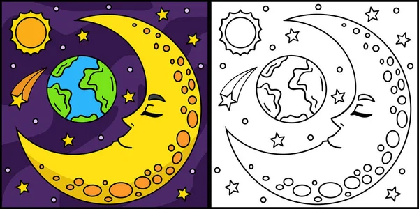 Cette Page Colorier Montre Croissant Lune Endormi Côté Cette Illustration — Image vectorielle