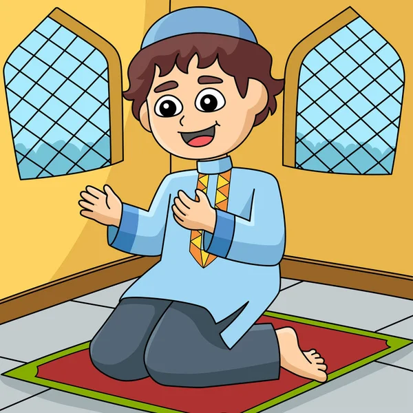 Clipart Dessin Animé Montre Une Illustration Prière Garçon Musulman Ramadan — Image vectorielle