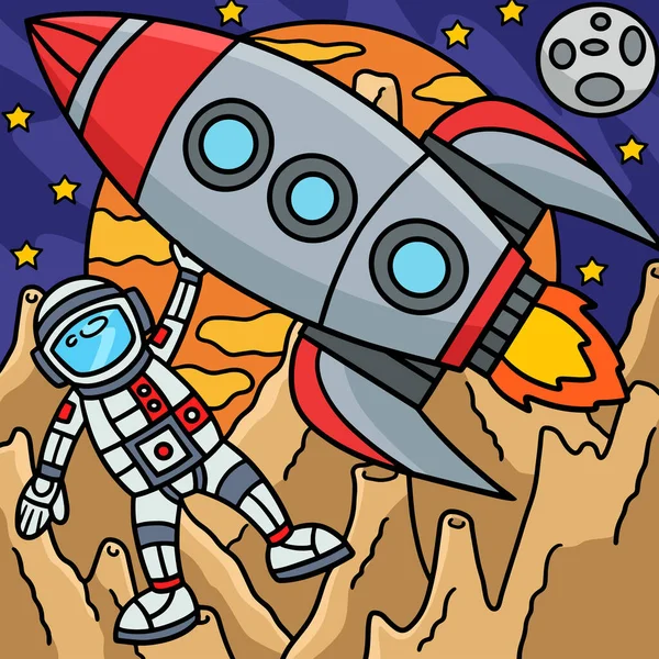 Clipart Dessin Animé Montre Une Illustration Vaisseau Fusée Spatial Astronaute — Image vectorielle