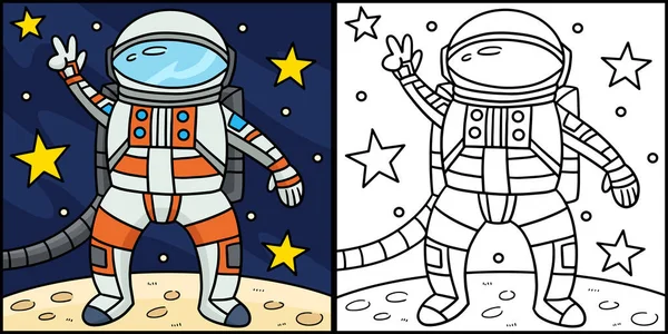 Coloring Page Shows Astronaut Peace Sign One Side Illustration Colored — Stock Vector