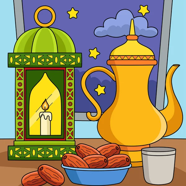 Cartoon Clipart Shows Ramadan Lantern Tea Dates Illustration — Stock Vector