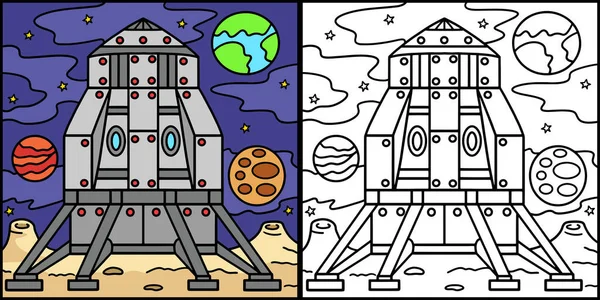 この着色ページには月の月着陸船が表示されます このイラストの片側は着色されており 子供のためのインスピレーションとして機能します — ストックベクタ