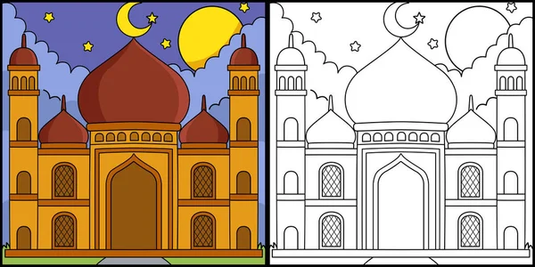 Coloring Page Shows Ramadan Mosque One Side Illustration Colored Serves — Stock Vector
