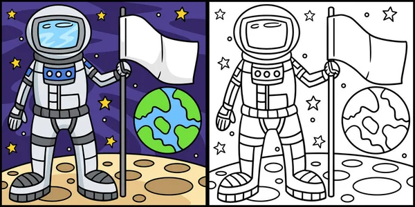 Cette Page Colorier Montre Astronaute Tenant Drapeau Côté Cette Illustration — Image vectorielle
