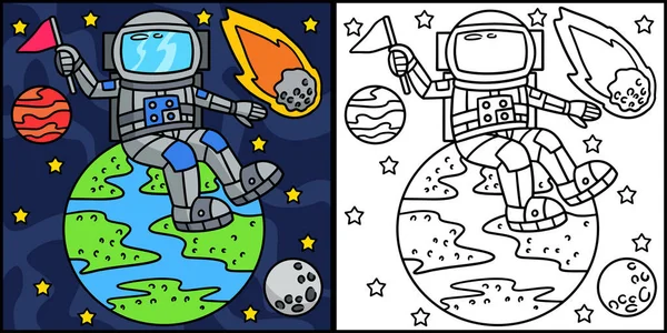 Αυτή Σελίδα Ζωγραφικής Δείχνει Έναν Αστροναύτη Κάθεται Στη Μία Πλευρά — Διανυσματικό Αρχείο