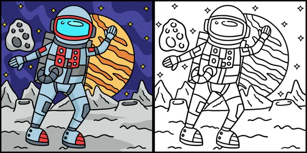 Coloring Page Shows Astronaut Space One Side Illustration Colored Serves — Stock Vector