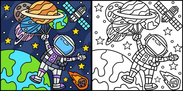 Tato Stránka Zbarvení Ukazuje Astronaut Drží Balón Planety Jedna Strana — Stockový vektor