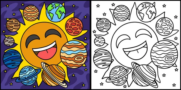 Tato Stránka Barvami Zobrazuje Happy Sun Solar System Jedna Strana — Stockový vektor
