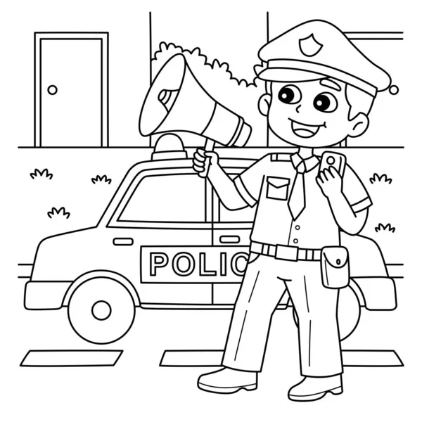 メガホンを持った警察官の可愛くて面白い着色ページ 子供のための着色の楽しみの時間を提供します このページは非常に簡単です 小さな子供や幼児に適しています — ストックベクタ