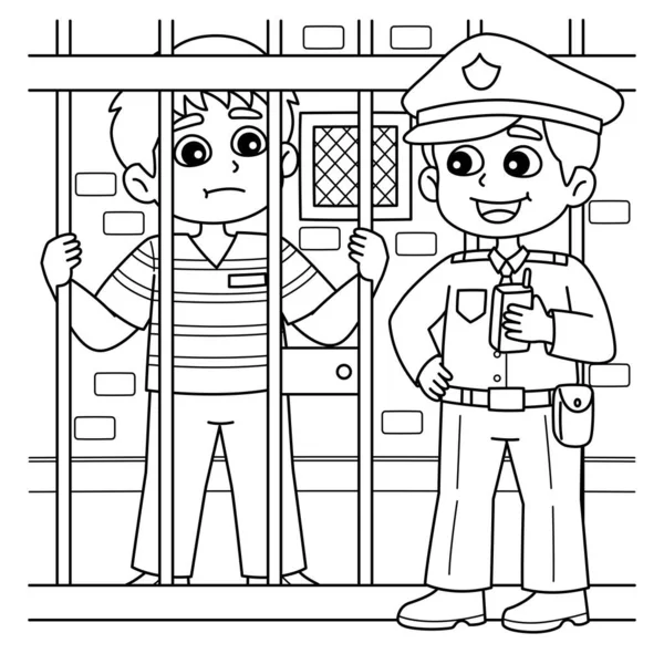 Μια Χαριτωμένη Και Αστεία Σελίδα Χρωματισμού Ενός Αστυνομικού Και Κρατούμενου — Διανυσματικό Αρχείο